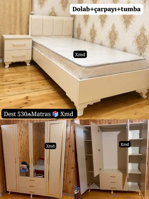Yataq otağı dəsti – Dolab + Çarpayı + Tumba - Rəng: krem/bej tonları