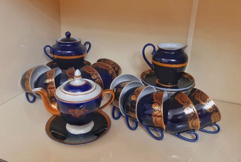 Farfor çay dəsti, göy rəng, 12 nəfərlik