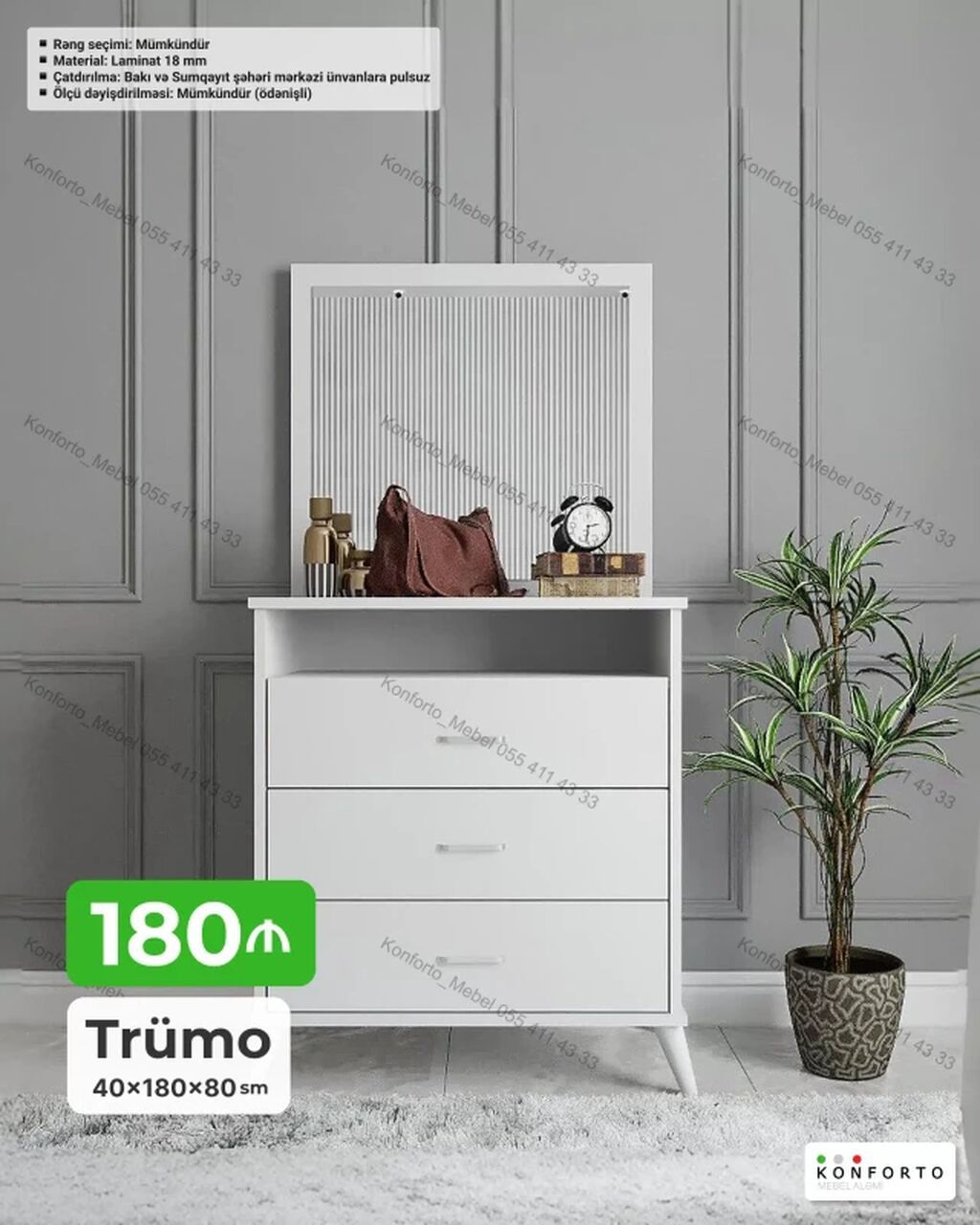 Trümo – 40×180×80 sm Ağ rəngli, müasir dizaynlı trümo. Üst hissədə — Mebel, Bakı