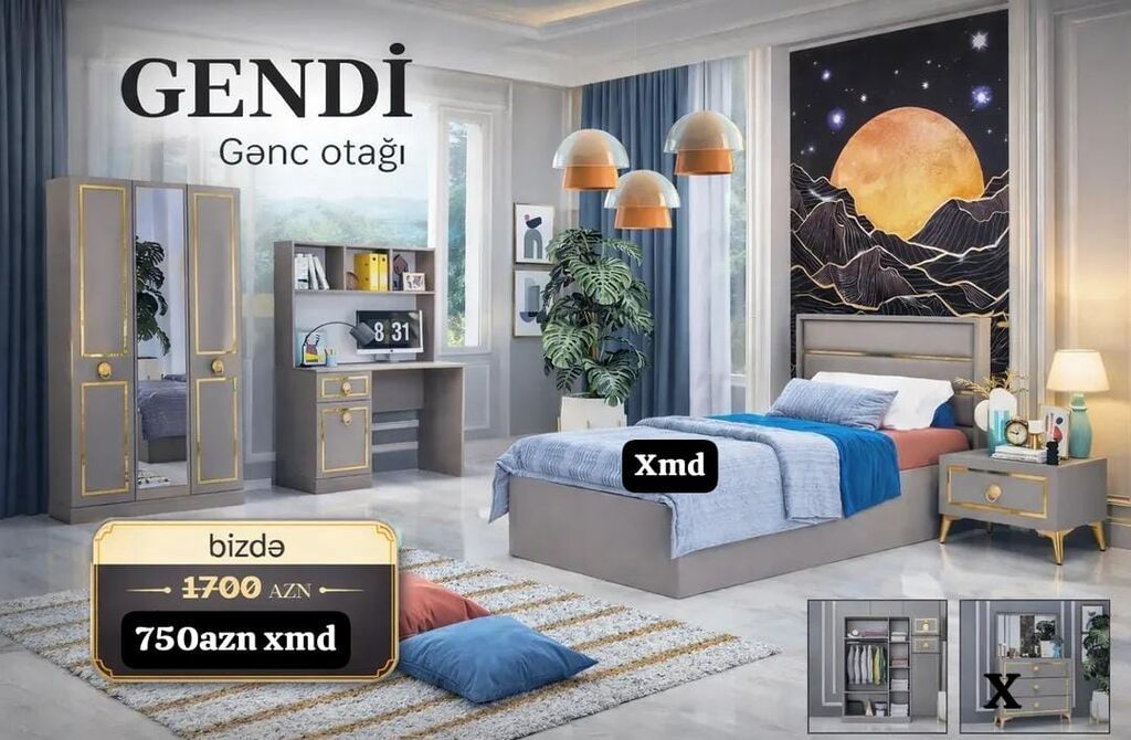 GENDİ gənc otağı dəsti - Rəng: boz-qızılı detallar - Komplektdə