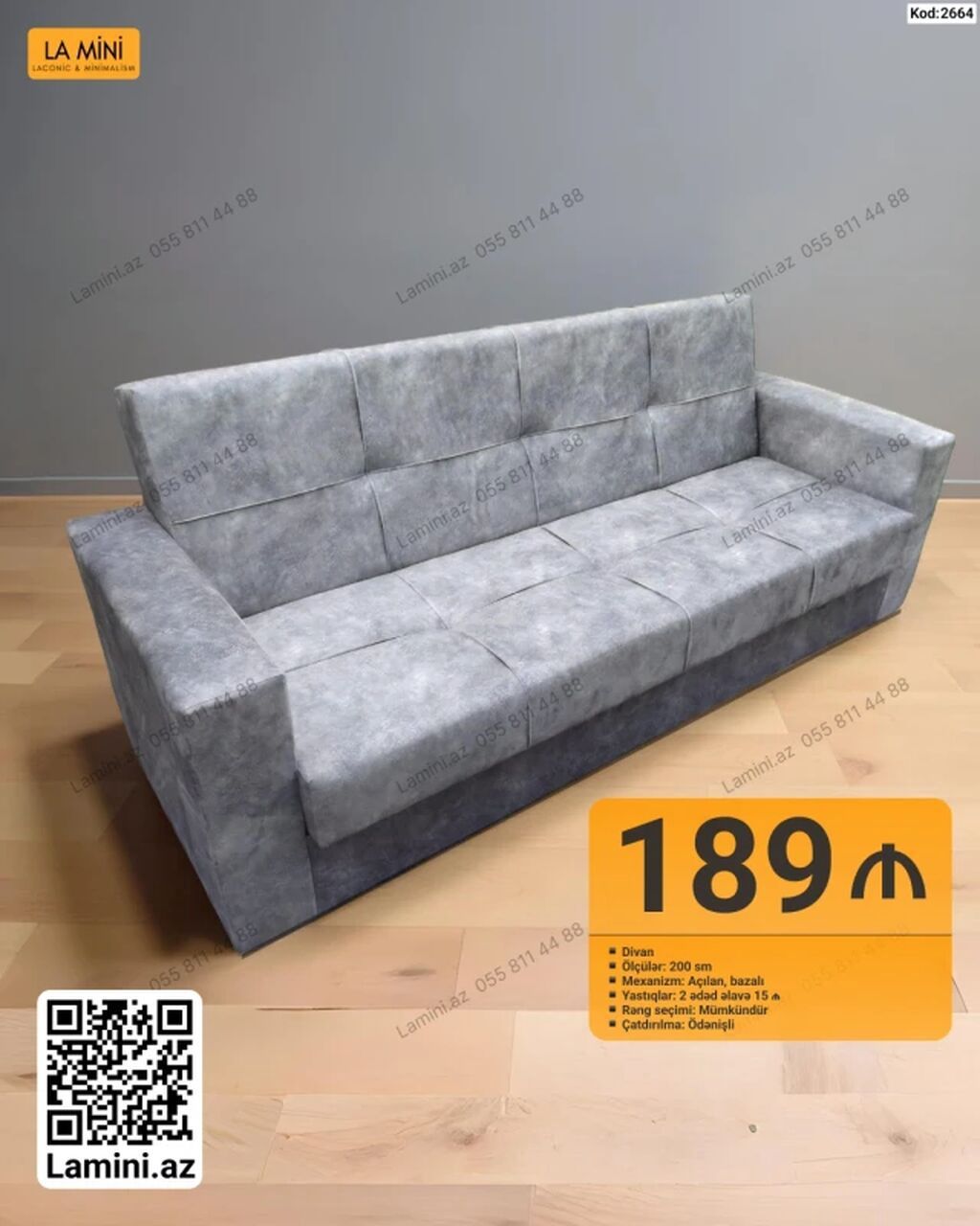 Kod: 2664 Məhsul: Divan - Ölçü: 200 sm - Mexanizm: açılan, bazalı — Mebel, Bakı