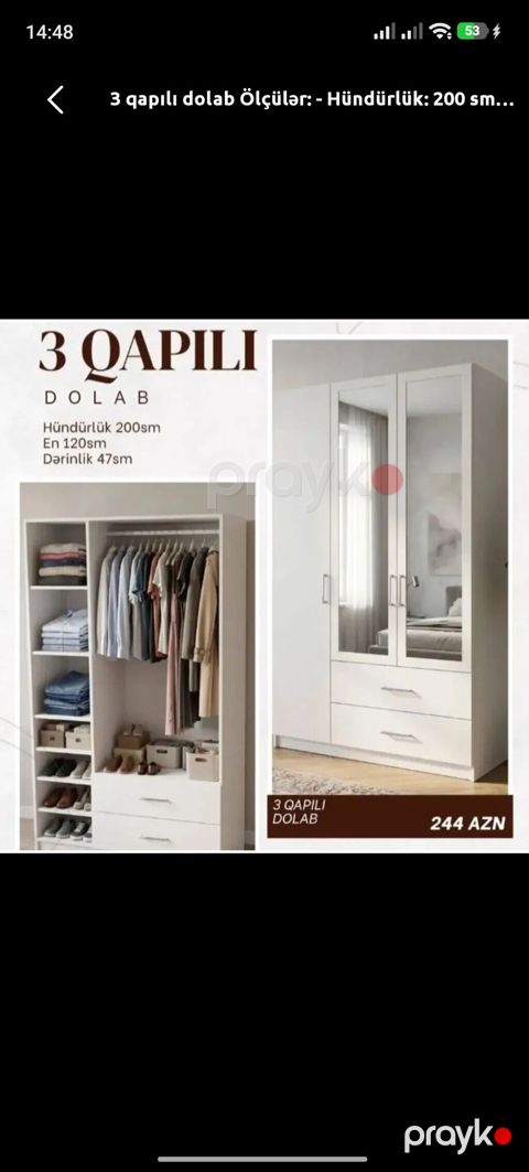 3 qapılı paltar dolabı Ölçülər: - Hündürlük: 200 sm - En: 120 sm -