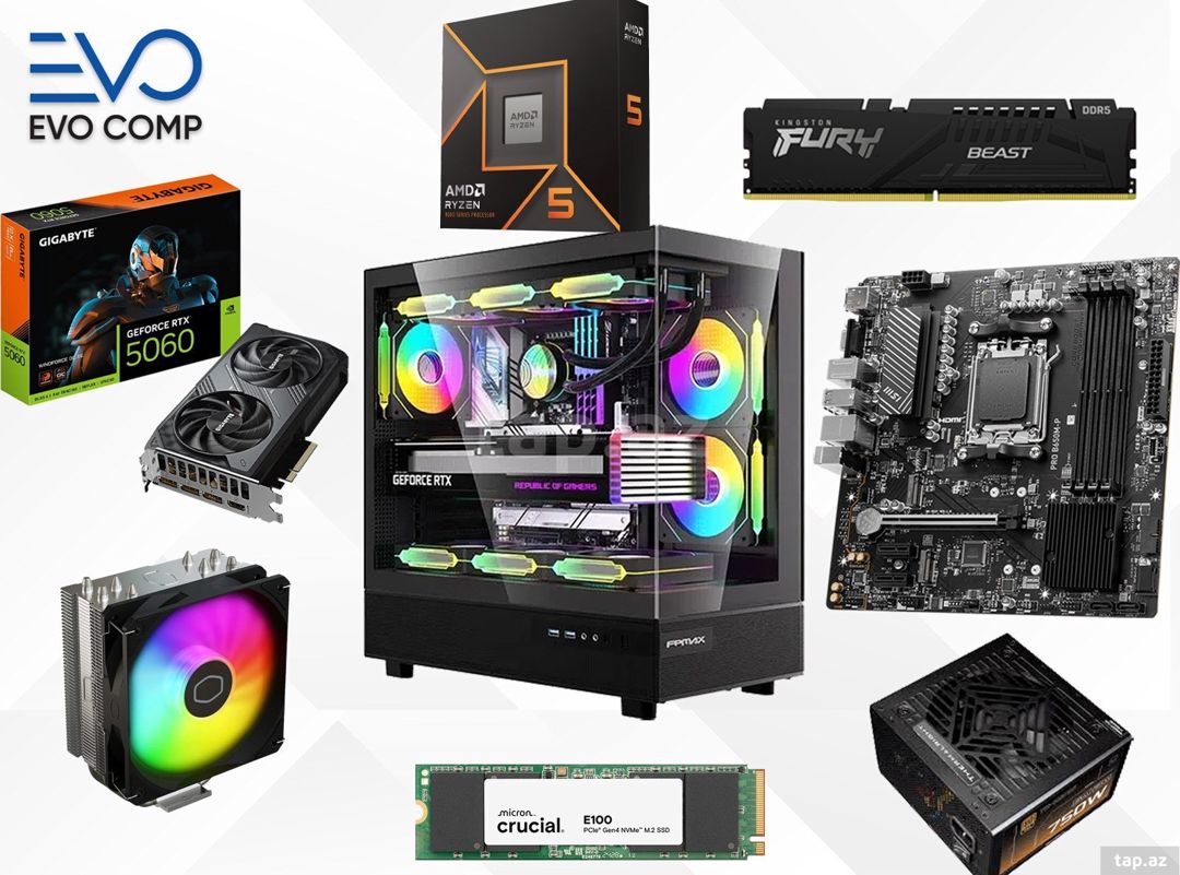 Evo Gaming PC Neo Rush RTX 5060 8GB | Ryzen 5 9600X | 16GB | 1TB — Masaüstü kompüterlər, Bakı