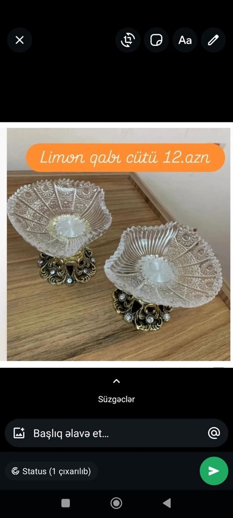 Şüşə dekorativ qablar – cüt - Model 1: “Limon qabı” – cütü 12 AZN