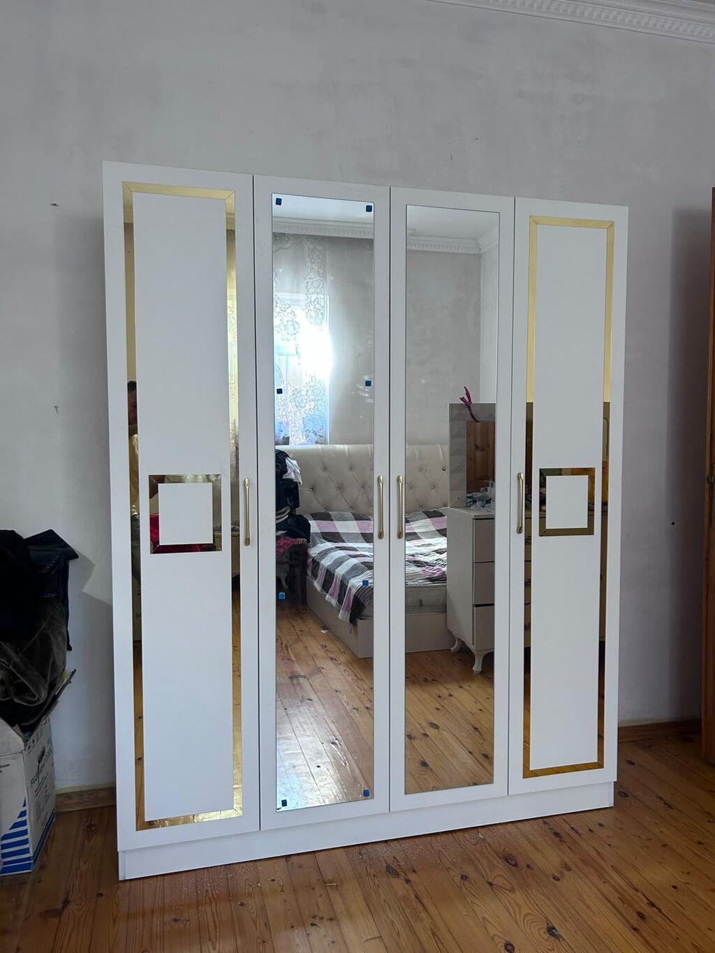 Yeni, 4 qapılı, Güzgülü, Ağ, Açılan, Düz dolab — Mebel, Bakı (2)