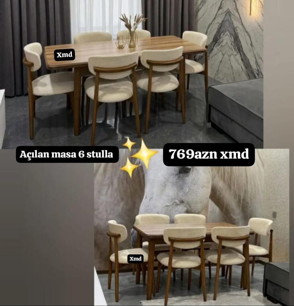 Açılan yemək masası dəsti – 6 stul ilə - Masanın üstü təbii ağac — Mebel, Xırdalan