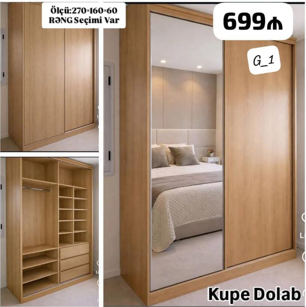 Kupe dolab – sürgülü qapılı, güzgülü model. Ölçü: 270 × 160 × 60 sm