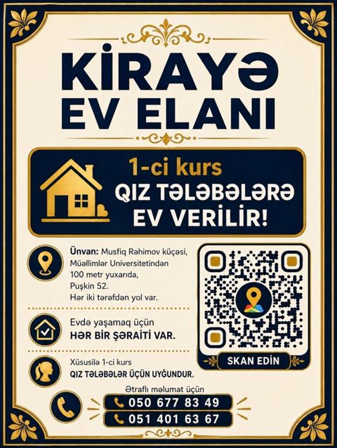 1-ci kurs qız tələbələr üçün kirayə mənzil