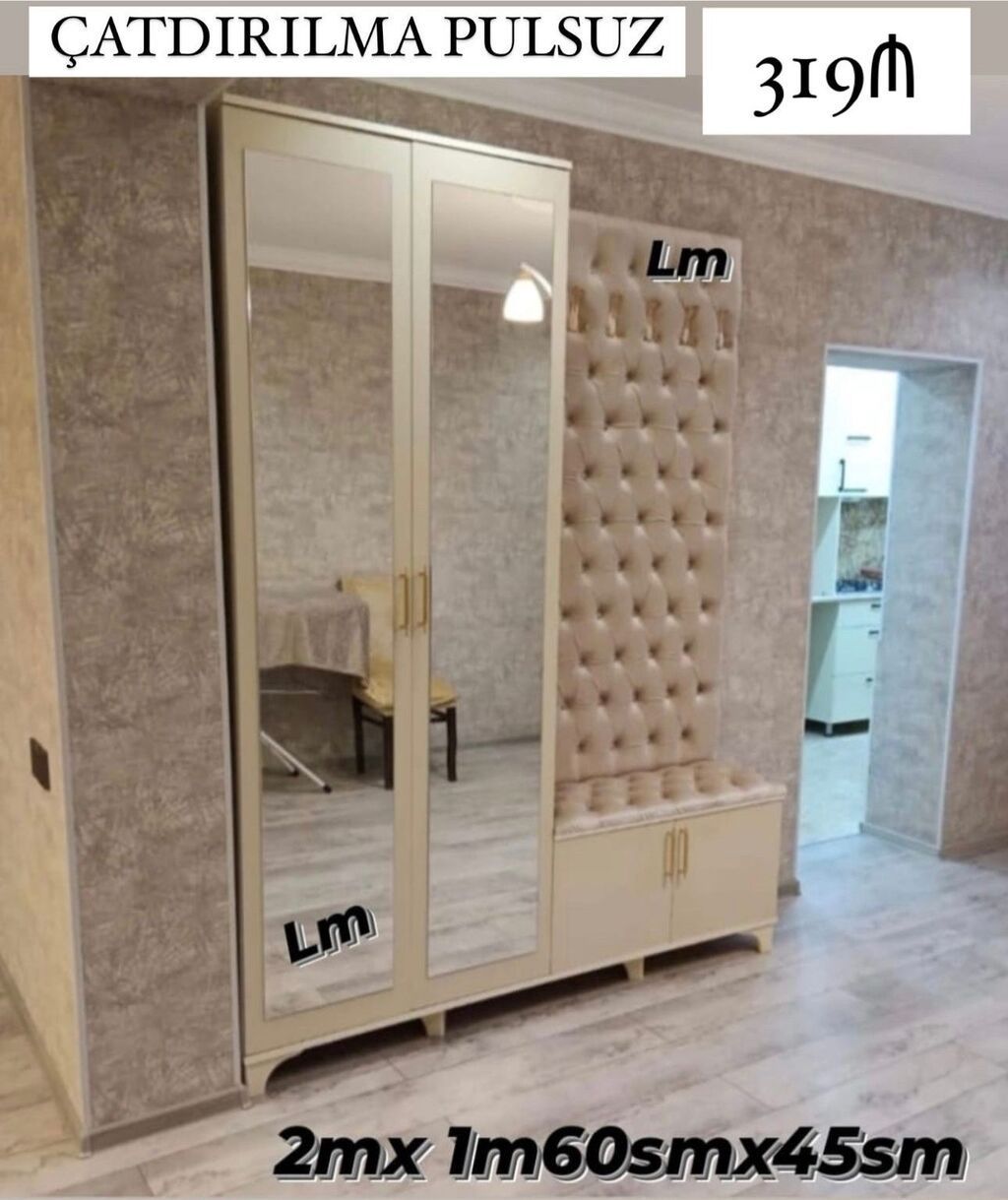 Yeni, 2 qapılı, Güzgülü, Bej, Açılan, Düz dolab