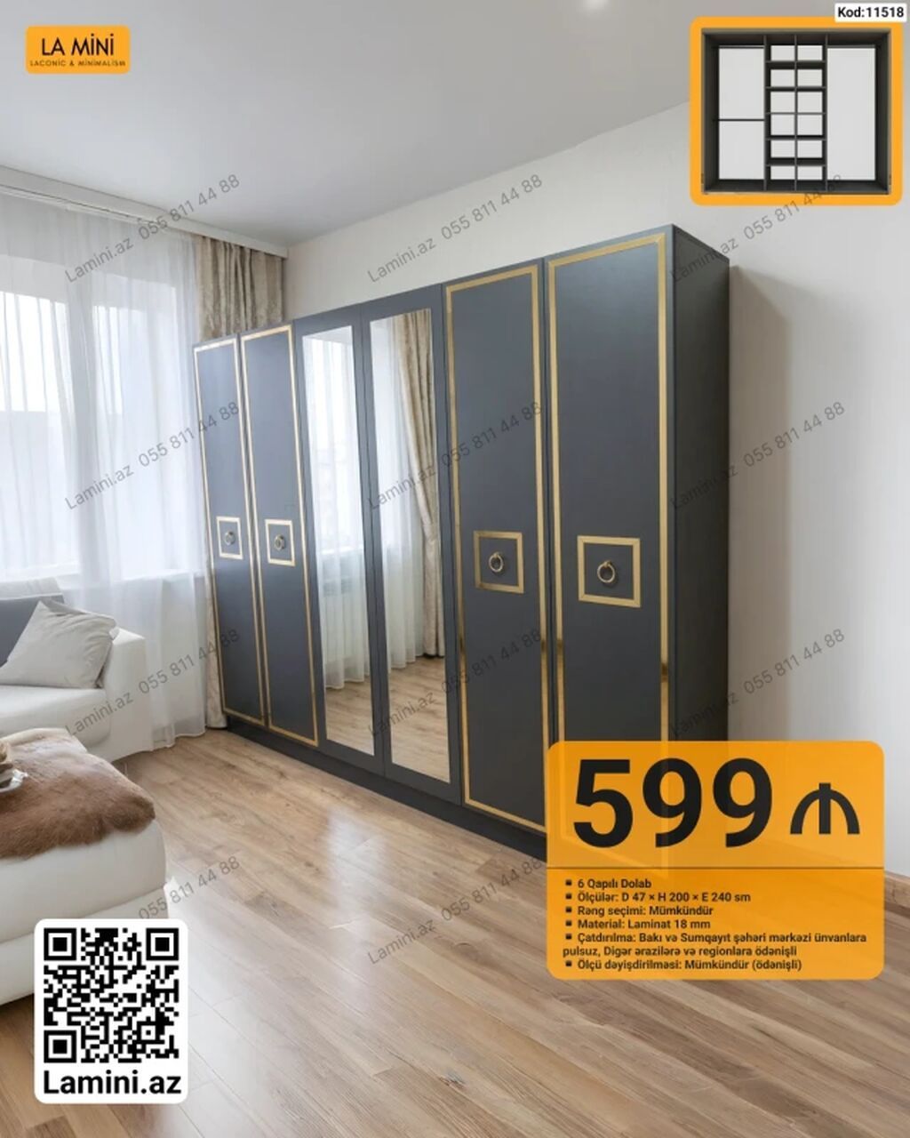 6 qapılı şkaf – La Mini (Kod: 11518) - Dizayn: Tünd boz korpus