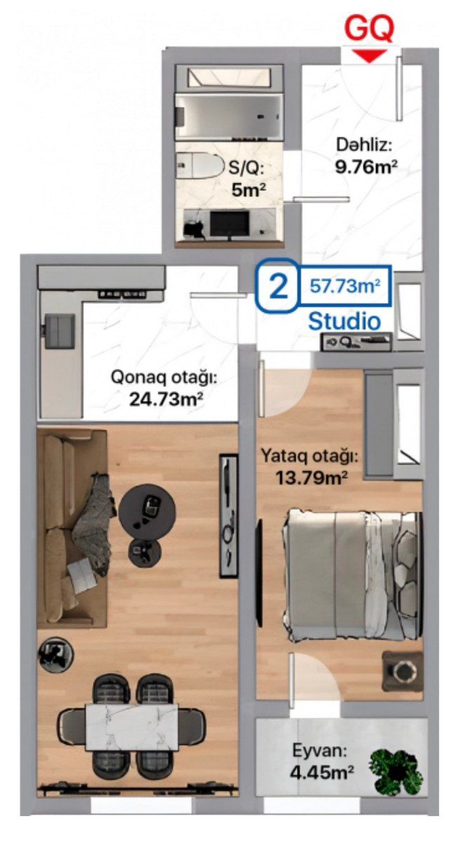 2-otaqlı yeni tikili, Xırdalan ş., 58 m² — Mənzil, Xırdalan (2)