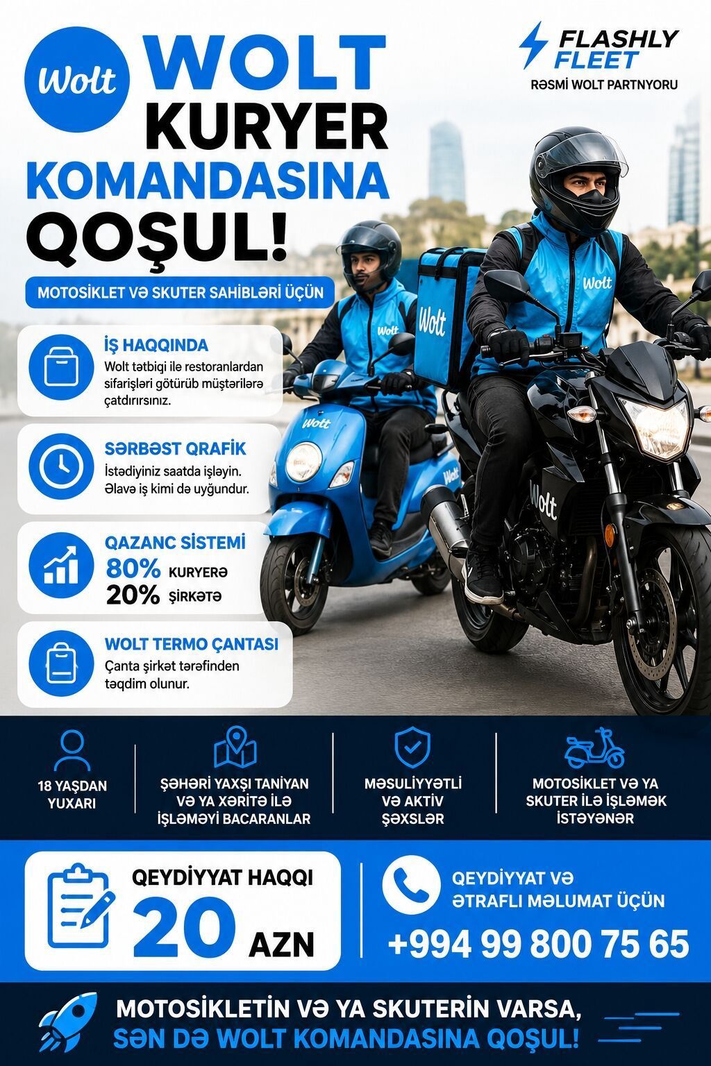 Moto-kuryer tələb olunur, Gündəlik ödəniş, Təcrübəsiz