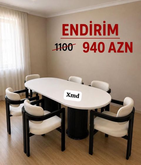 Oval yemək/diskussiya masası və 6 ədəd kreslo dəsti. - Masa: oval