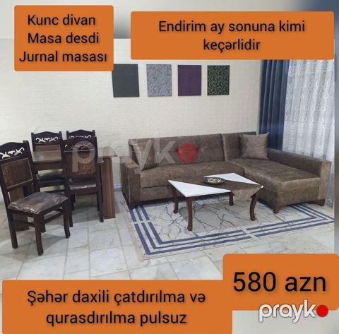 Mebel dəsti: künc divan + masa dəsti + jurnal masası - Künc divan — Bakı