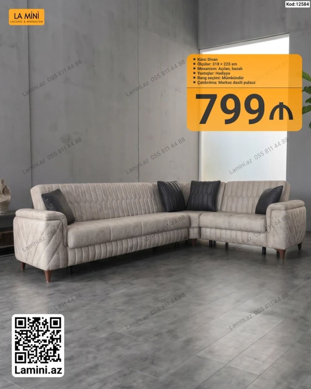 Künc divan – La Mini - Ölçülər: 318 × 225 sm - Mexanizm: açılan — Mebel, Bakı