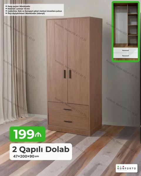 2 qapılı geyim dolabı • Ölçü: 47×200×90 sm • Material: 18 mm
