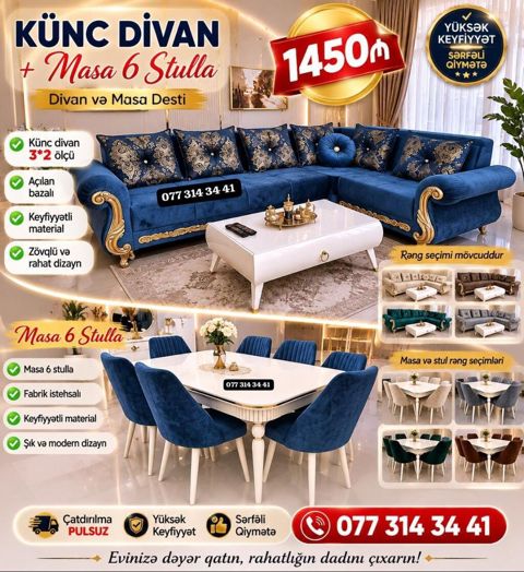 Künc divan + masa və 6 stuldan ibarət dəst Xüsusiyyətlər: - Künc