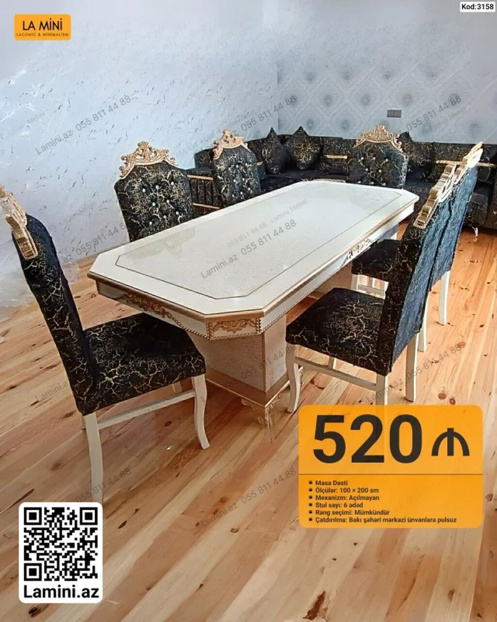 Masa dəsti – klassik dizayn • Kod: 3158 • Ölçülər: masa 100 × 200 — Mebel, Bakı