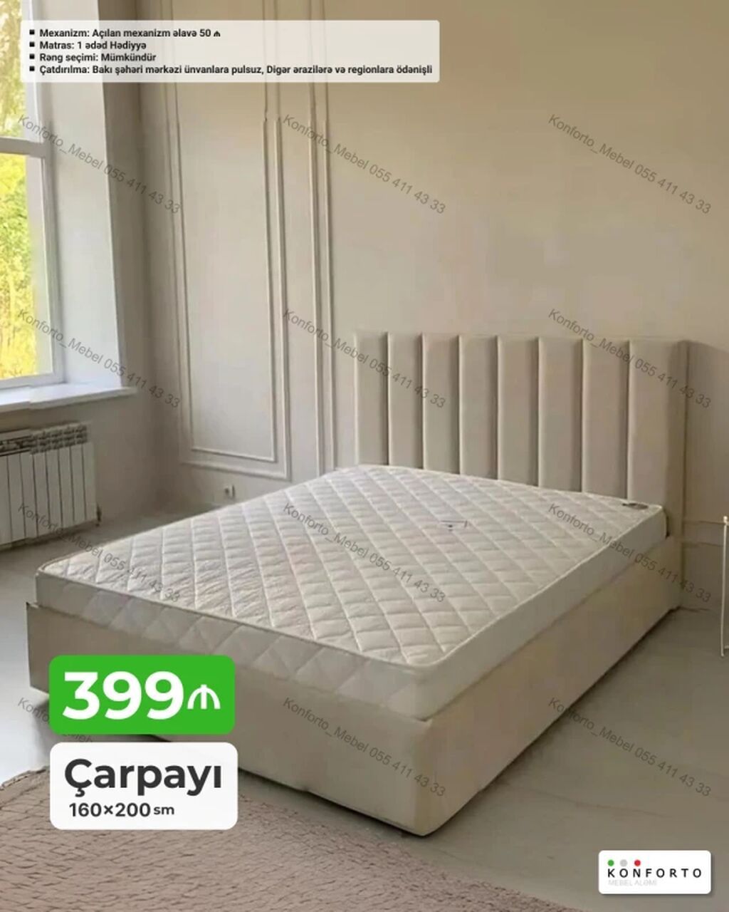 Məhsul: Çarpayı Ölçü: 160×200 sm Xüsusiyyətlər: - Yumşaq başlıqla — Mebel, Bakı