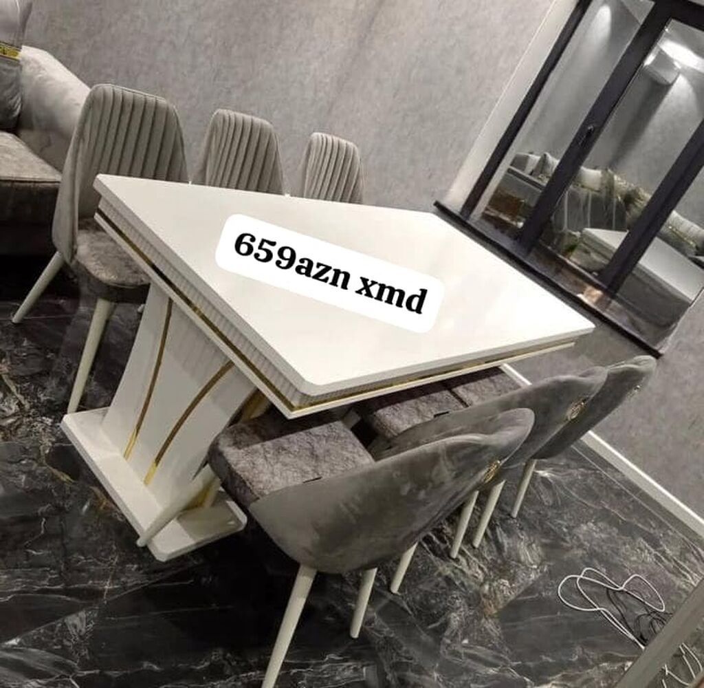 Ağ rəngli yemək masası və 6 ədəd stul dəsti. - Dizayn: Parlaq ağ üst