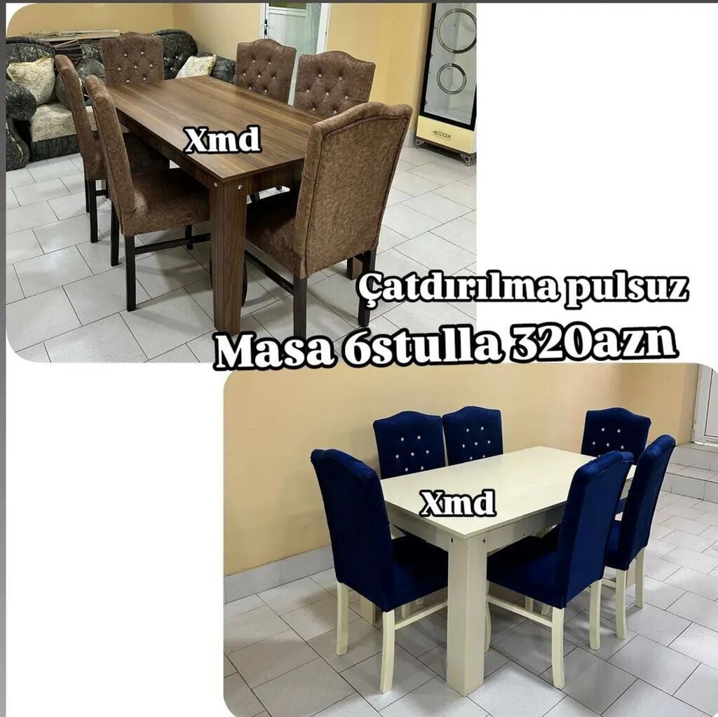 Mebel dəsti: Masa + 6 stul - Komplekt: 1 ədəd yemək masası və 6 ədəd