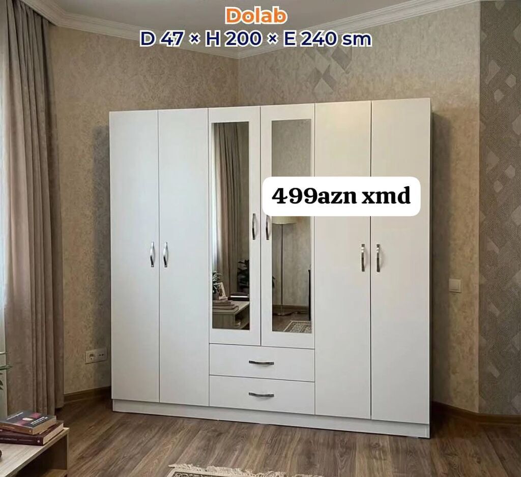 Dolab – 5 qapılı, 2 aynalı model Ölçülər: D 47 × H 200 × E 240 sm — Mebel, Masazır
