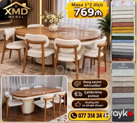 Oval yemək masası və stul dəsti 1×2 m