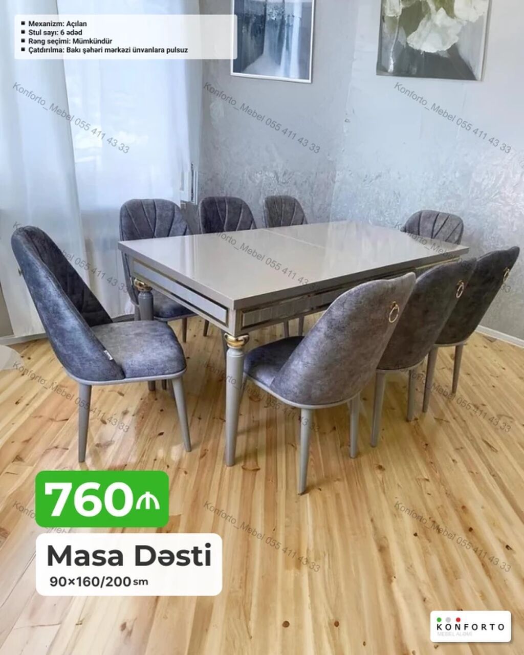 Masa Dəsti – 90×160/200 sm - Mekanizm: açılan (uzadılan masa) - Stul