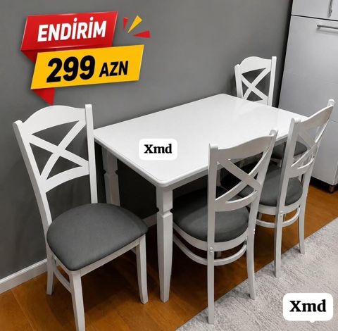 Ağ rəngdə yemək otağı dəsti – 1 masa və 4 stul. Xüsusiyyətlər: -