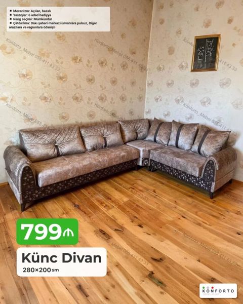 Künc divan – 280×200 sm - Mexanizm: açılan, bazalı (yataq funksiyası) — Konforto Mebel — Divanlar