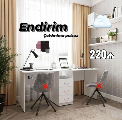 İkili iş masası – 220₼ – Rəng: ağ – Geniş iş səthi, iki nəfərlik