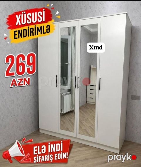 Ağ rəngdə 3 qapılı paltar şkafı: - İki ön güzgülü qapı – geyim — Bakı