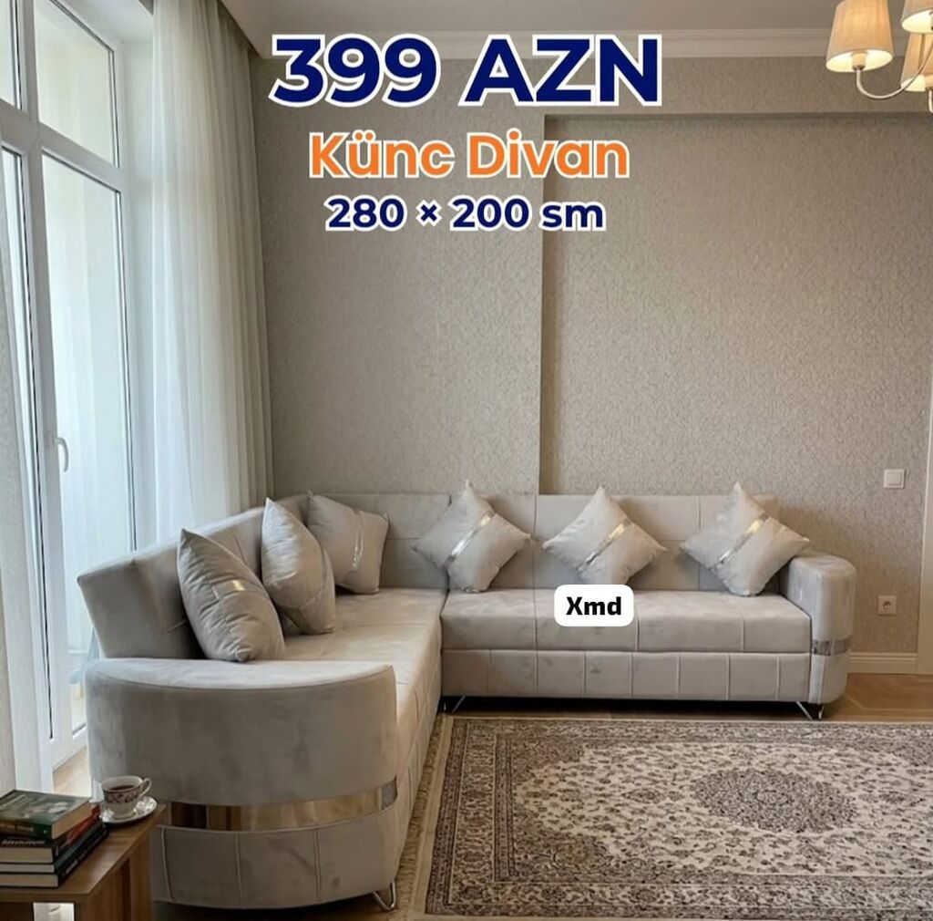 Künc Divan – 280 × 200 sm - Rəng: açıq bozumtul/bej tonlarında zərif