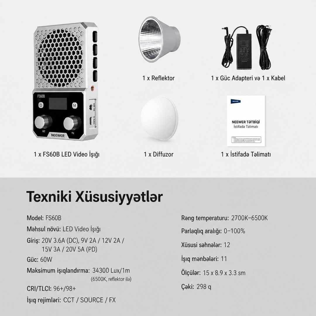 Neewer FS60B 60W Kompakt Daimi İşıq — Elektronika, Bakı (9)