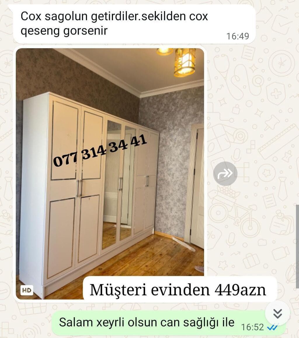 Ağ rəngli klassik dizaynlı 5 qapılı şkaf güzgü ilə