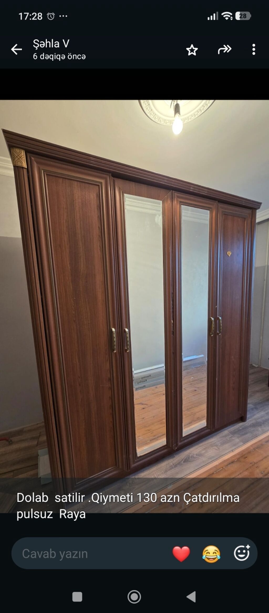 İşlənmiş, 4 qapılı, Güzgülü, Qəhvəyi, Açılan, Düz dolab