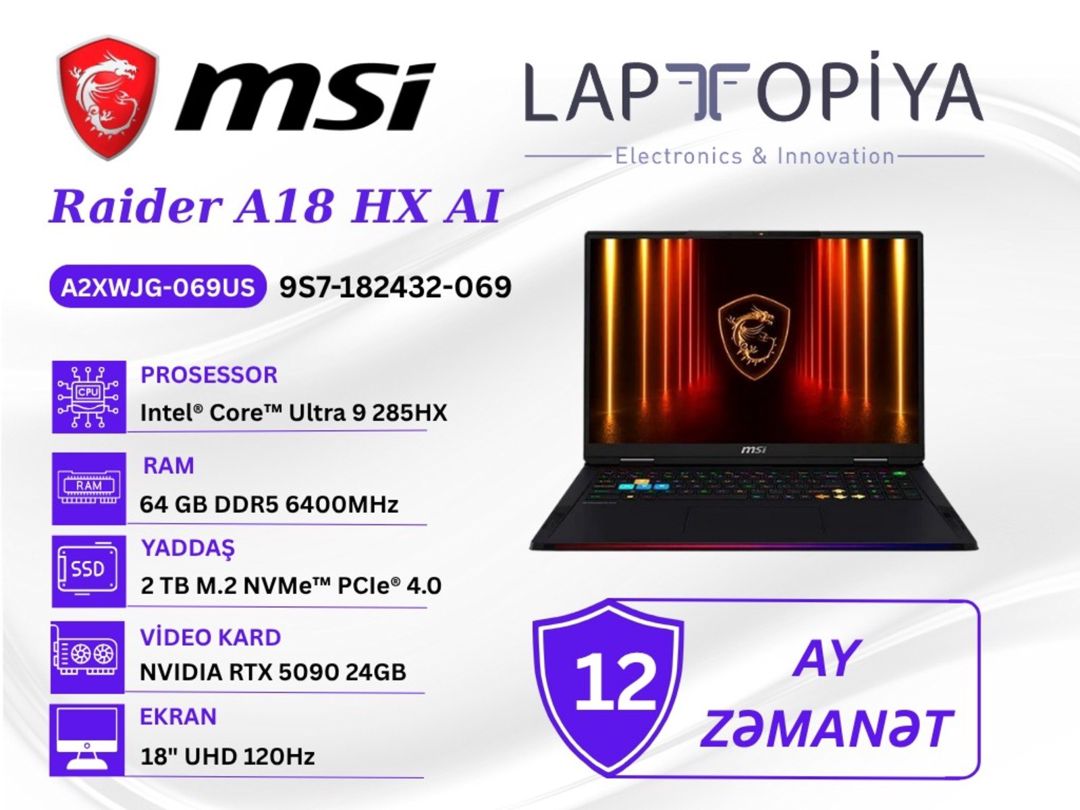 MSI Raider 18 HX AI A2XWJG-069US (9S7-182432-069) — Elektronika, Bakı