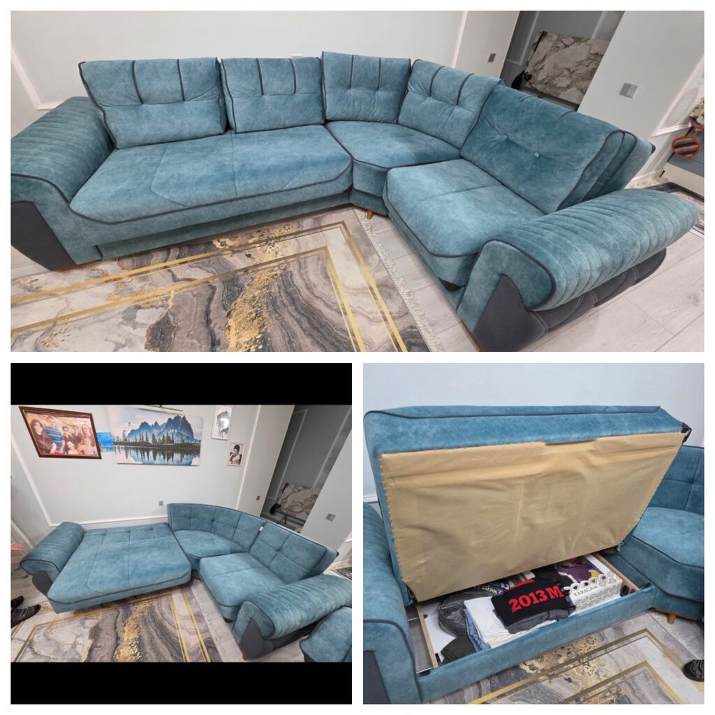 Künc divan — açılır, bazalı, perla parça, 3×2 m