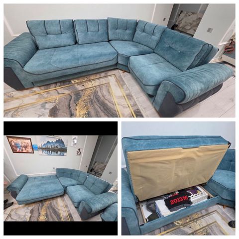 Künc divan — açılır, bazalı, perla parça, 3×2 m