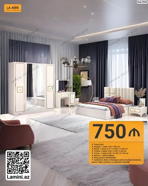 Yataq Dəsti – La Mini (Kod: 5940) Tərkibi: - Çarpayı: 1 ədəd, 160 ×