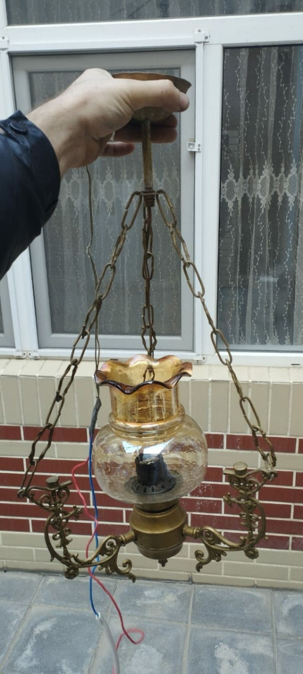 Antik üslubda asma kerosin lampası (pendel) - Material: bürünc korpus