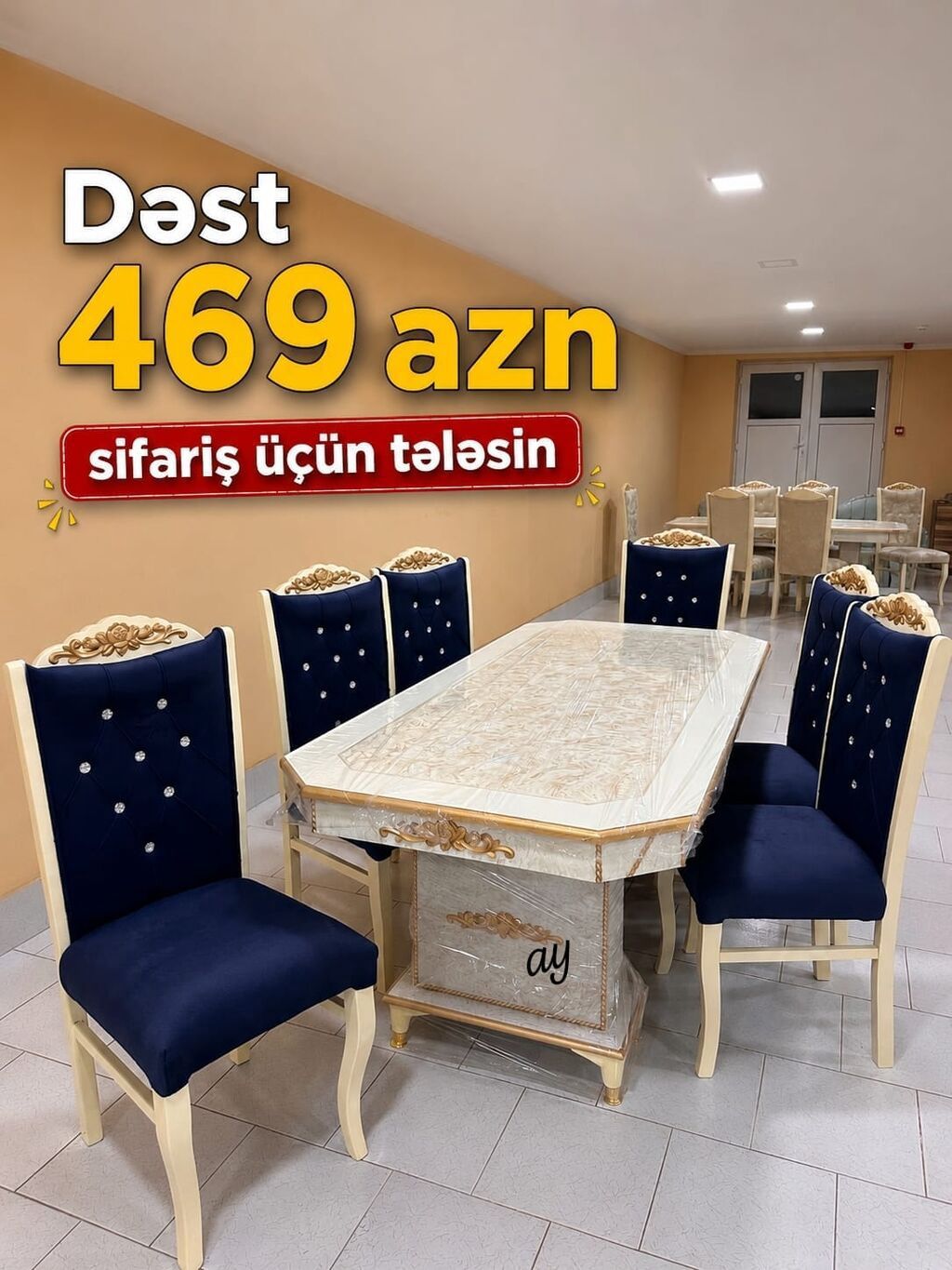 Yemək otağı dəsti - Komplekt: 1 ədəd uzun düzbucaqlı masa + 6 ədəd - 1
