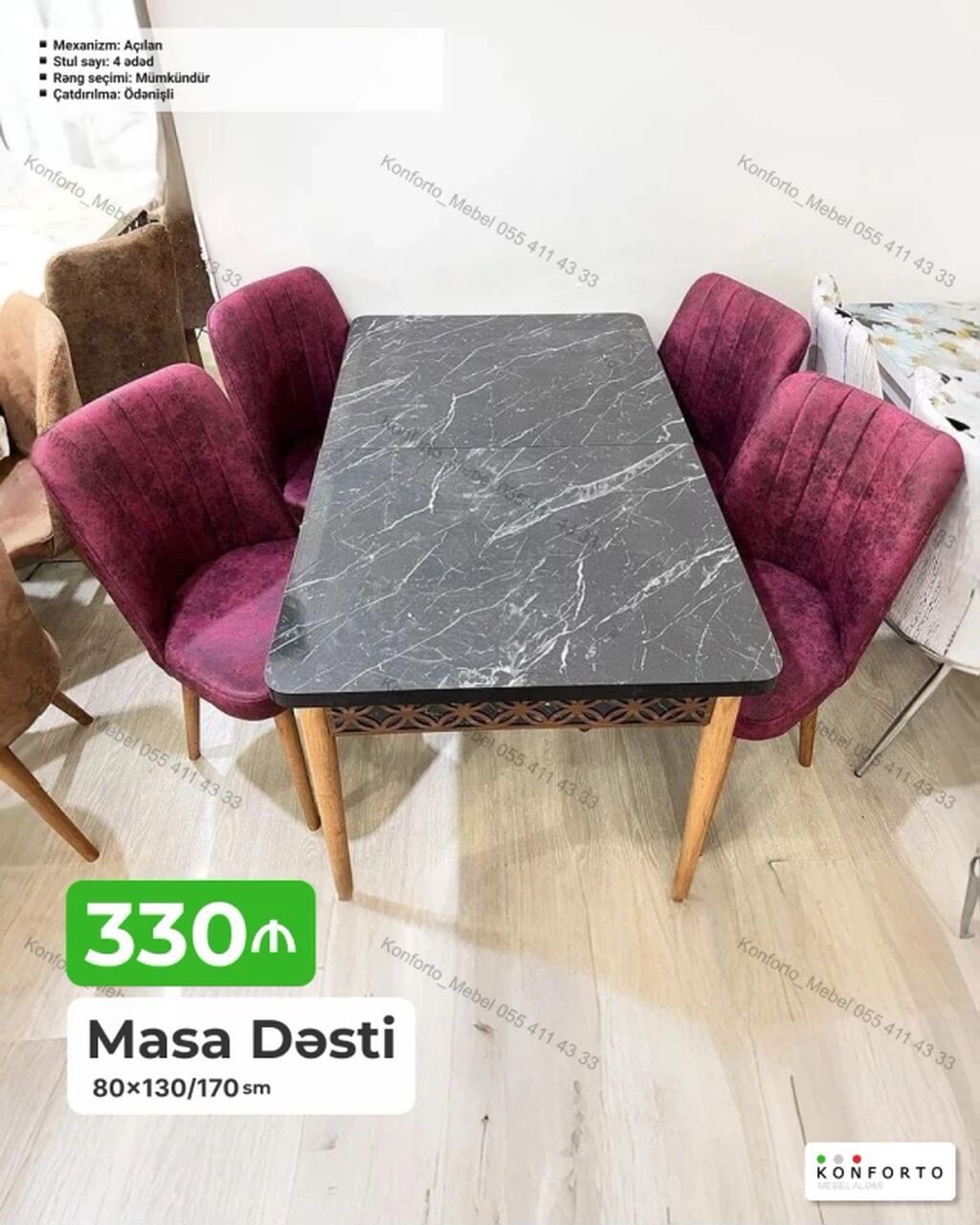 Masa dəsti - Ölçü: 80×130/170 sm (açılan mexanizmli masa) - Komplekt — Mebel, Bakı