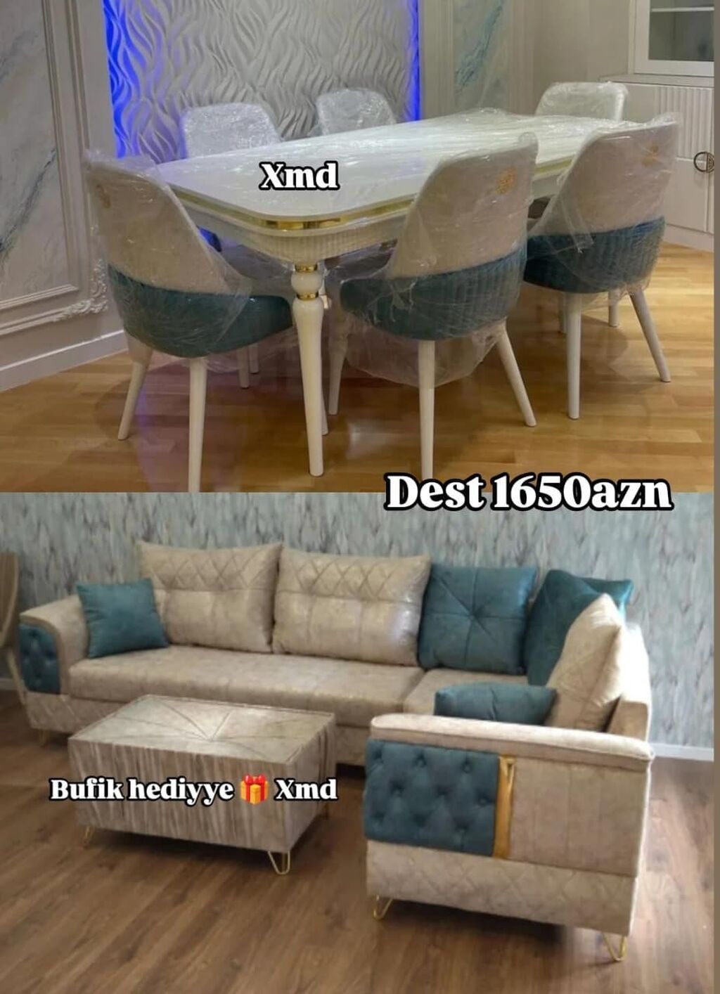 Dəst mebel təklifi - Yemək masası və 6 ədəd stul: ağ-qızılı detallı