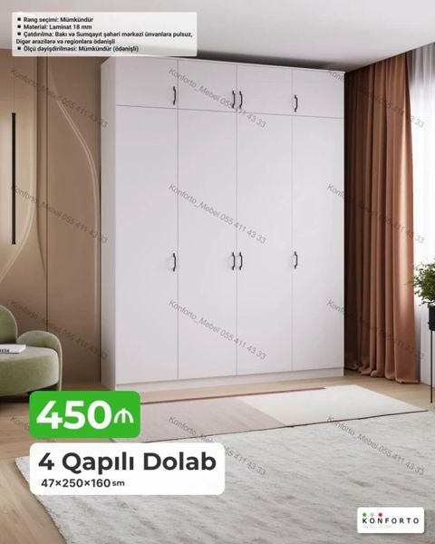 4 qapılı dolab – 47×250×160 sm - Material: 18 mm laminat - Rəng