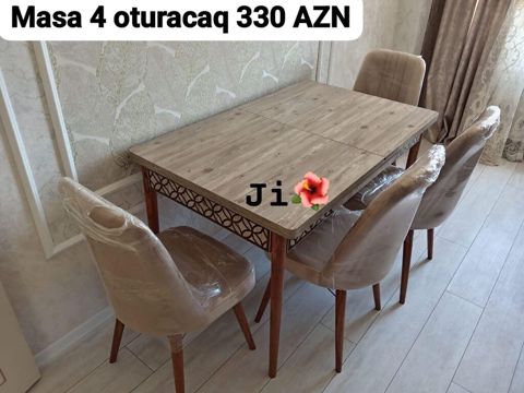 Masa və 4 ədəd oturacaq dəsti - Üst səthi ağac dekorlu düzbucaqlı