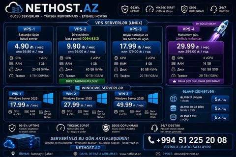 🚀 NETHOST.AZ — Sürətli və Etibarlı VPS Serverlər! 🌐 Linux VPS — 4.90