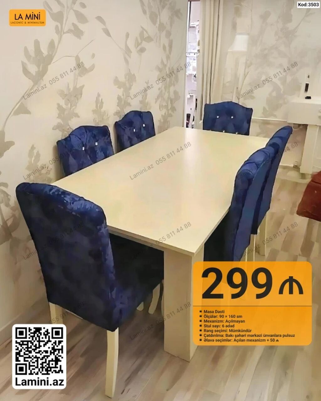 Masa dəsti – kod: 3503 - Dəst: 1 ədəd yemək masası + 6 ədəd stul - — Mebel, Bakı
