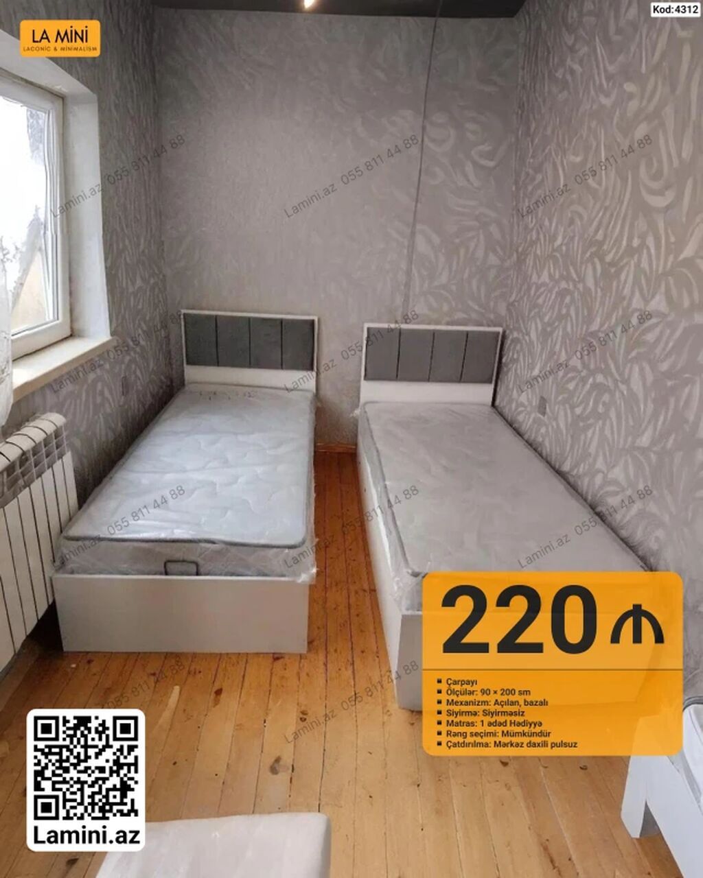 Məhsul: Çarpayı (Kod: 4312) - Ölçü: 90 × 200 sm - Mexanizm: Açılan