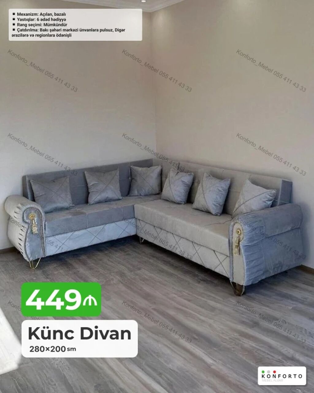 Künc divan – 280×200 sm - Mexanizm: açılan, bazalı (yataq və saxlama